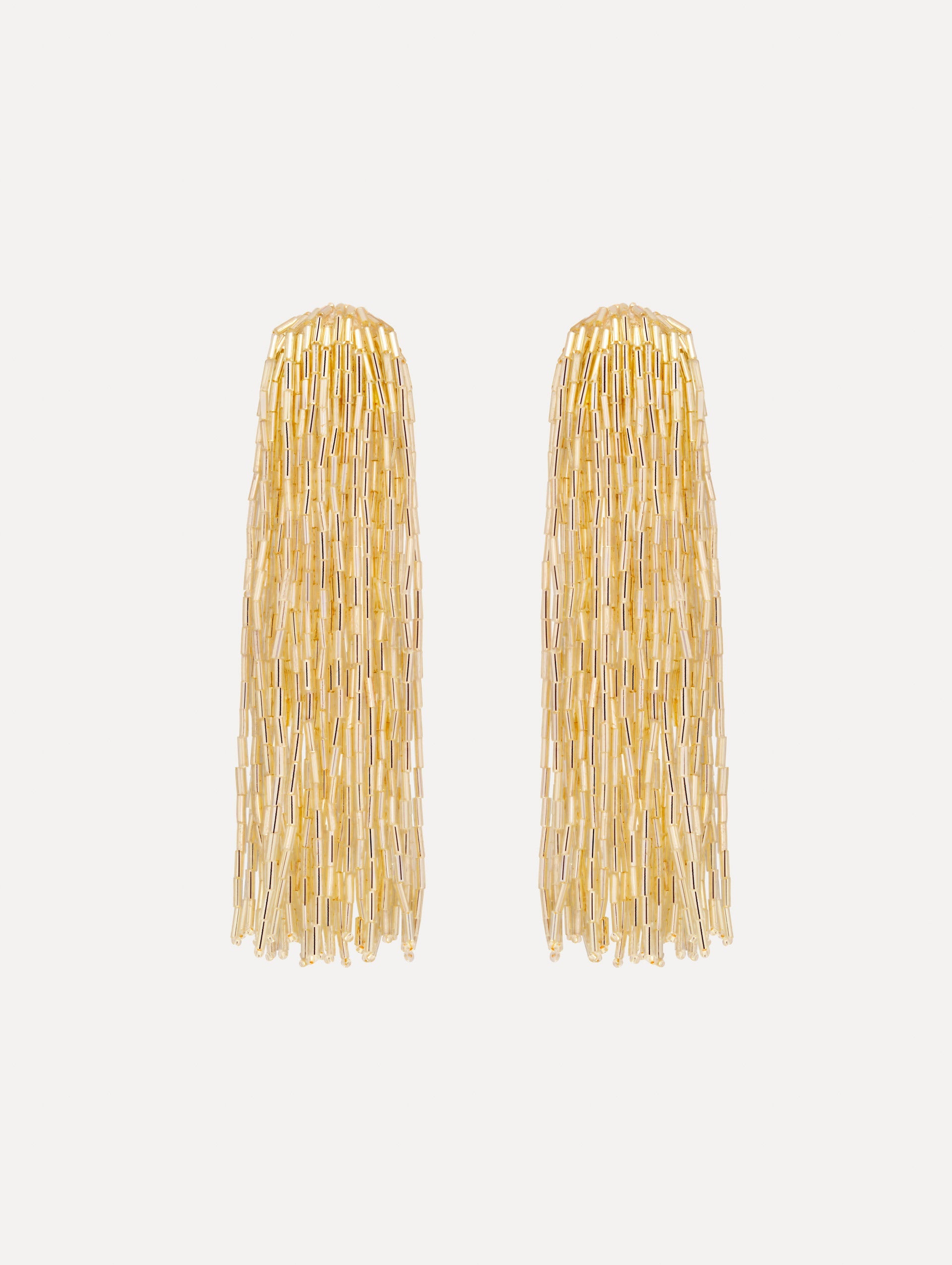Gold Beaded Tassel Drop Clip-On Earrings. Front View.