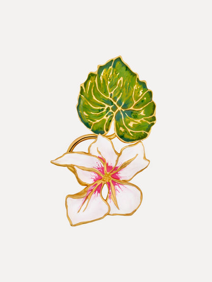 Gold Enamel Cyclamen Brooch with a green leaf and an extending pink flower. Front View.