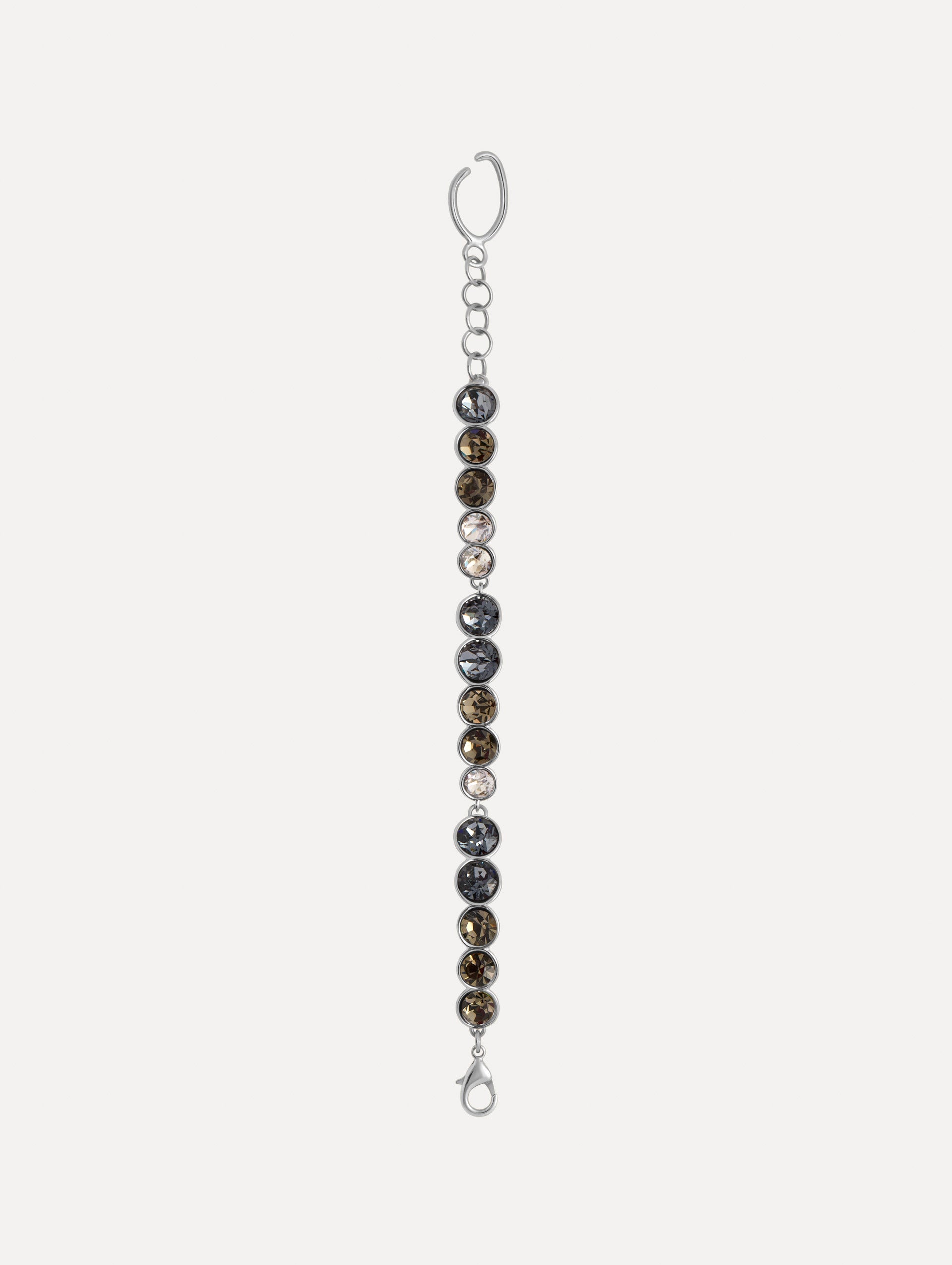 Gradient Rhinestone Strand Bracelet featuring a row of round, clear and smoky grey stones and an open circular clasp. Front View.