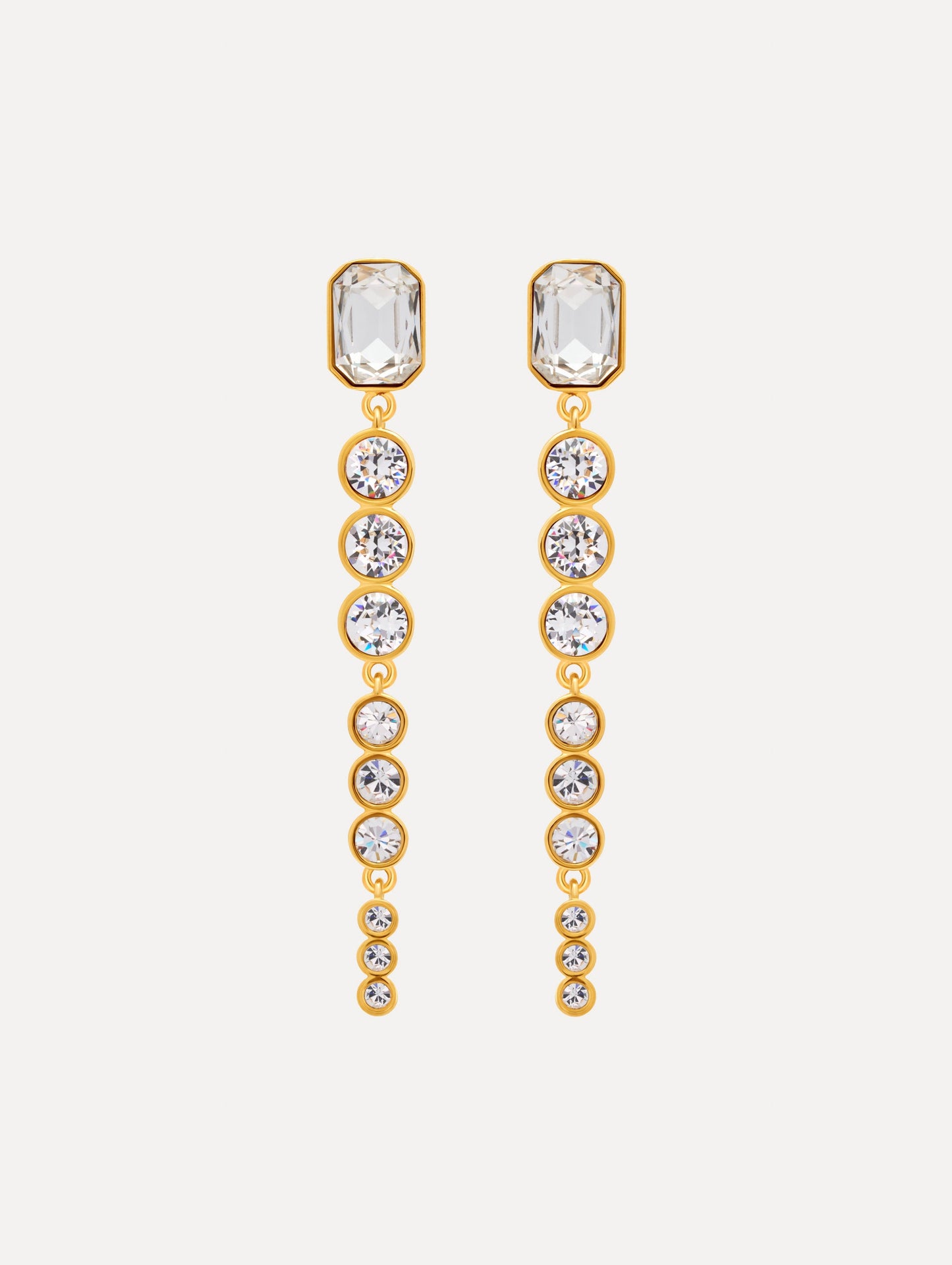 gold Cascading Mixed-Stone Drop Clip-On Earrings with clear circle and square crystals. Front View.