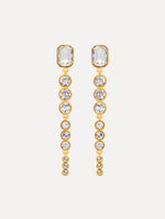 gold Cascading Mixed-Stone Drop Clip-On Earrings with clear circle and square crystals. Front View.