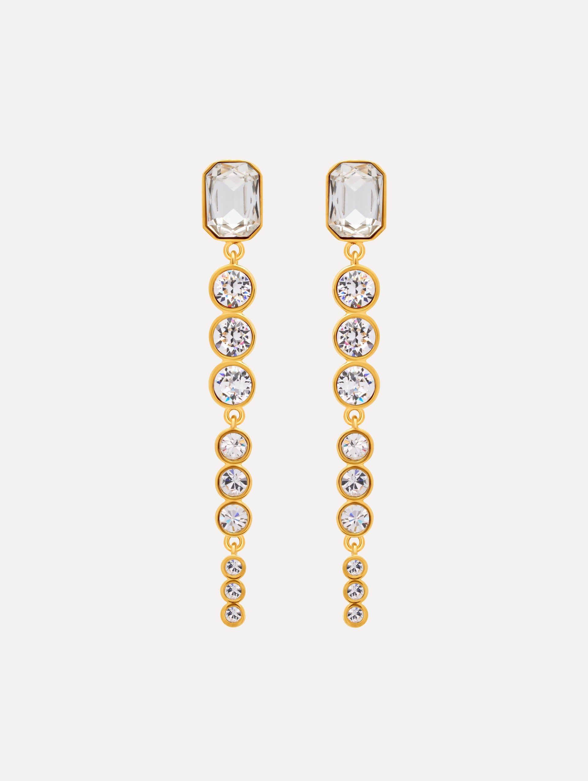 gold Cascading Mixed-Stone Drop Clip-On Earrings with clear circle and square crystals. Front View.