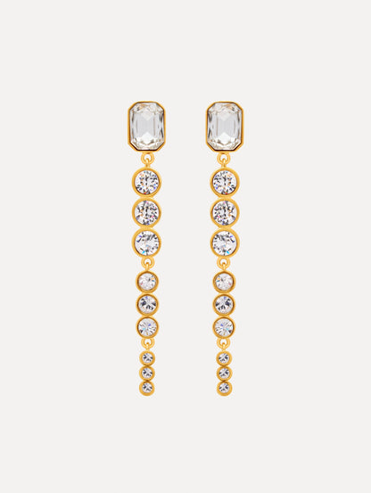 gold Cascading Mixed-Stone Drop Clip-On Earrings with clear circle and square crystals. Front View.