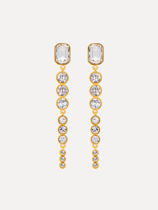 gold Cascading Mixed-Stone Drop Clip-On Earrings with clear circle and square crystals. Front View.