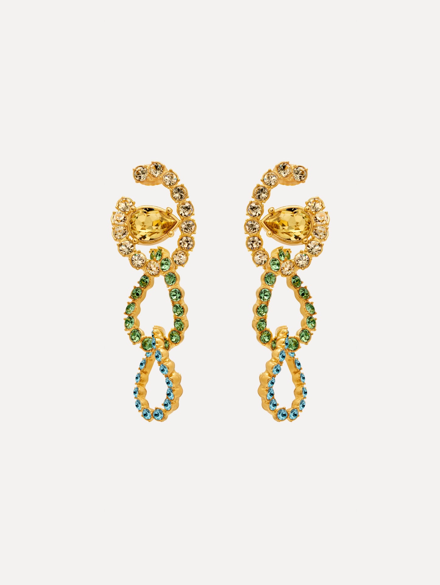 Gold Rhinestone Chain-Link Clip-On Earrings with green and clear crystals. Front View.