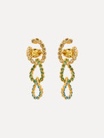Gold Rhinestone Chain-Link Clip-On Earrings with green and clear crystals. Front View.