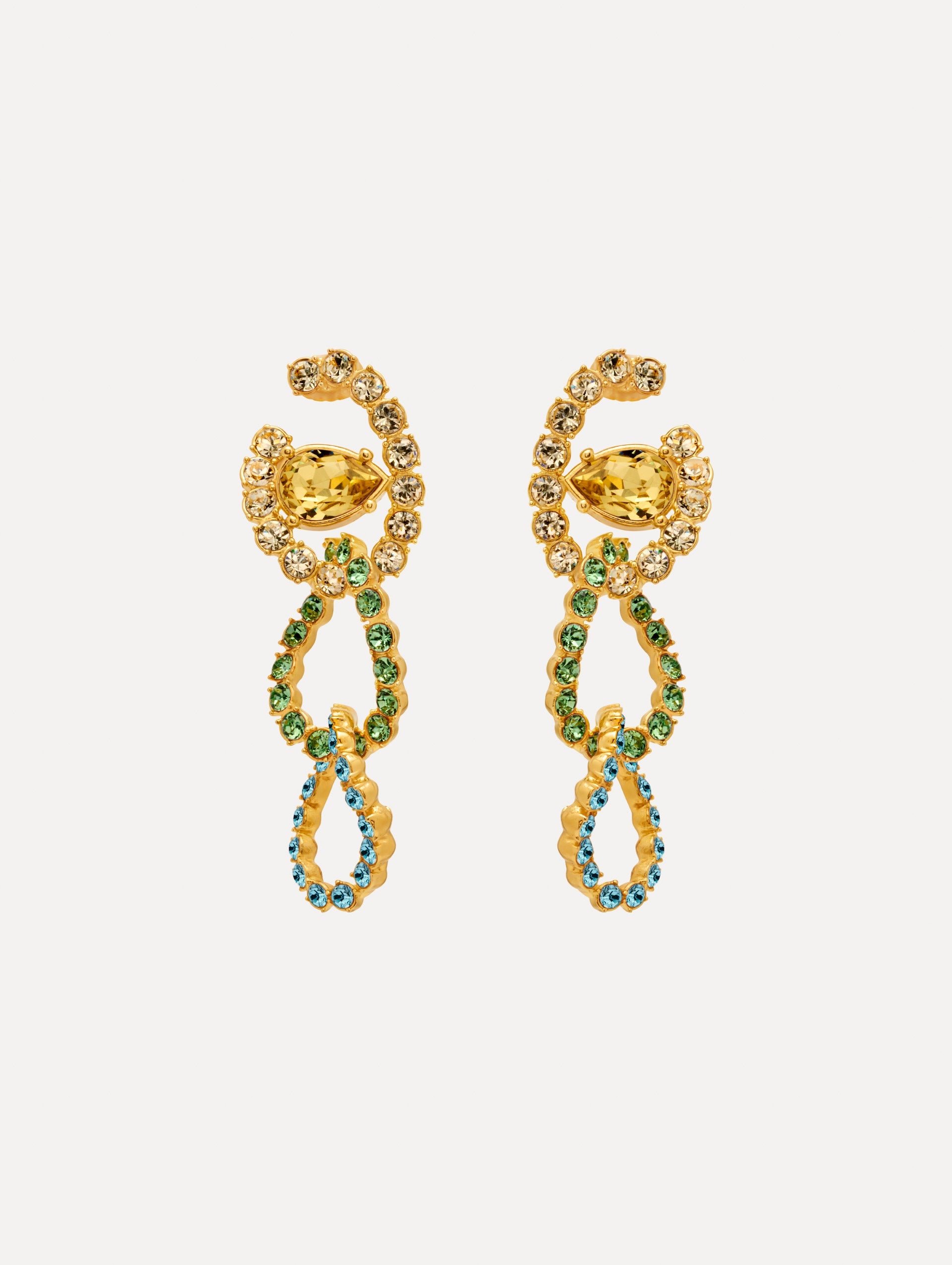 Gold Rhinestone Chain-Link Clip-On Earrings with green and clear crystals. Front View.