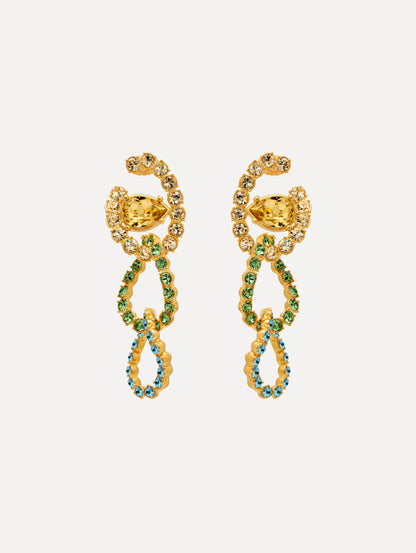 Gold Rhinestone Chain-Link Clip-On Earrings with green and clear crystals. Front View.