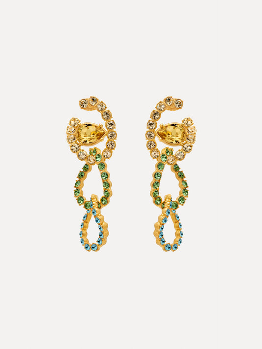Gold Rhinestone Chain-Link Clip-On Earrings with green and clear crystals. Front View.