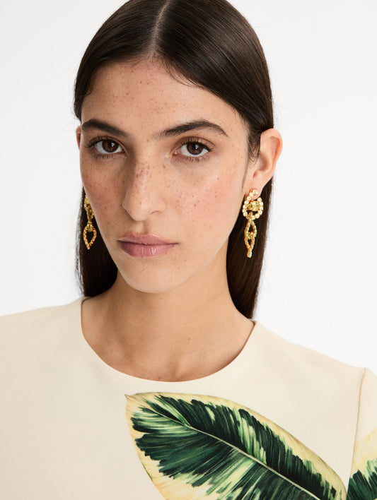Gold Rhinestone Chain-Link Clip-On Earrings with green and clear crystals. Front View.