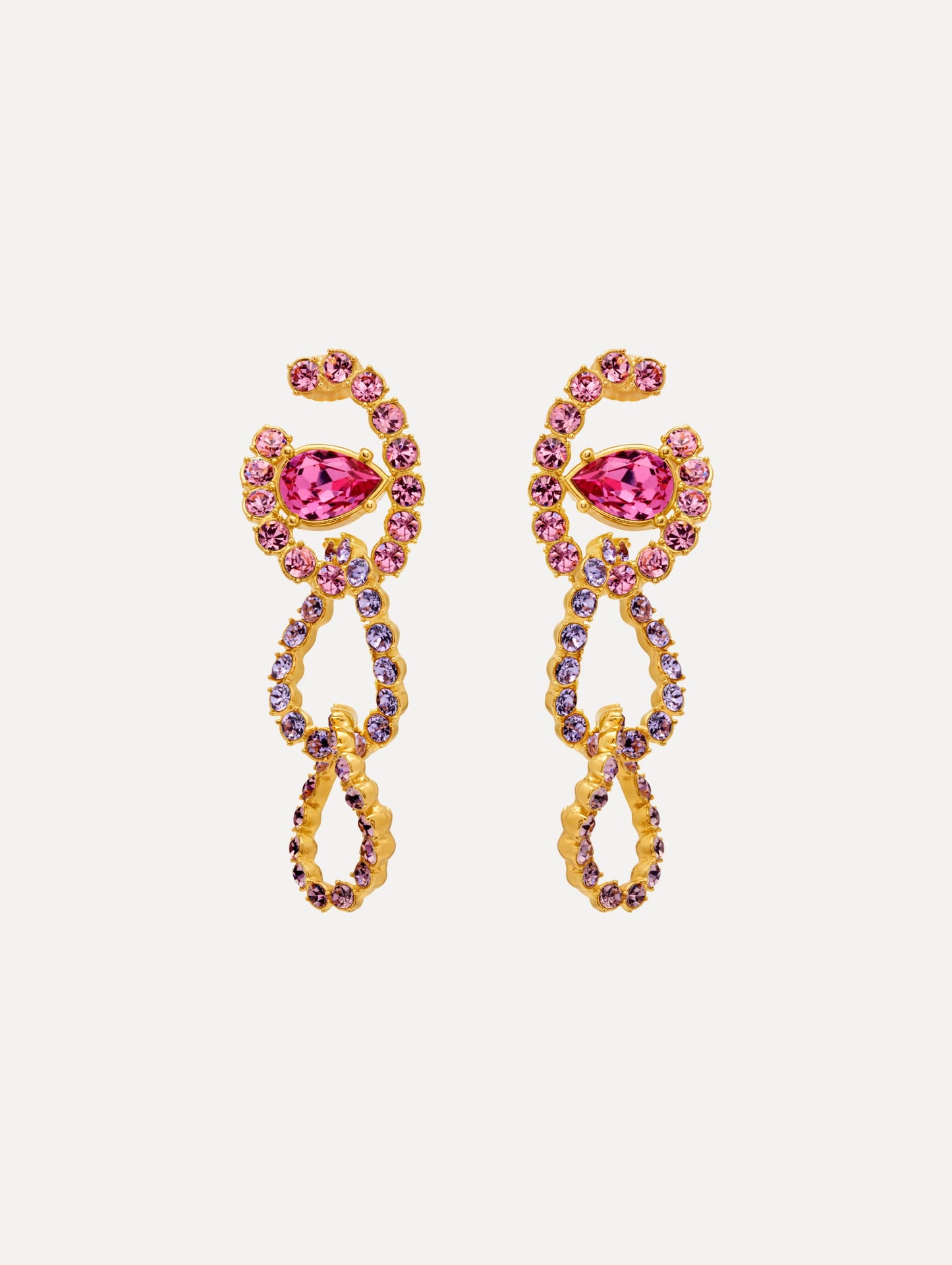 Rhinestone Chain-Link Clip-On Earrings in Violet and Purple combo. Front View.