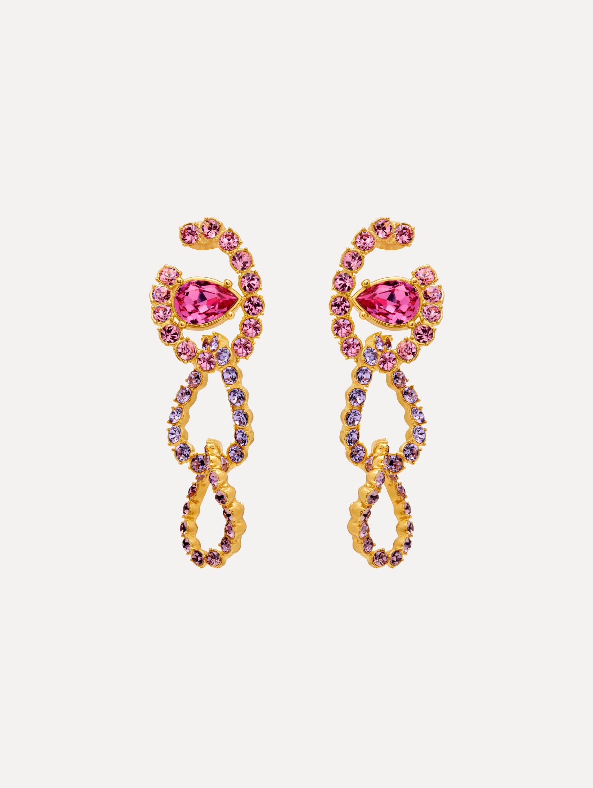 Rhinestone Chain-Link Clip-On Earrings in Violet and Purple combo. Front View.