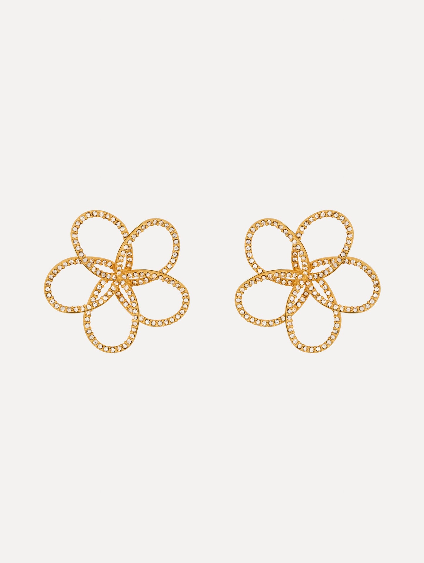 Gold Flower Rhinestone Chain-Link Earrings with gold rhinestone wire in a flower motif. Front View.