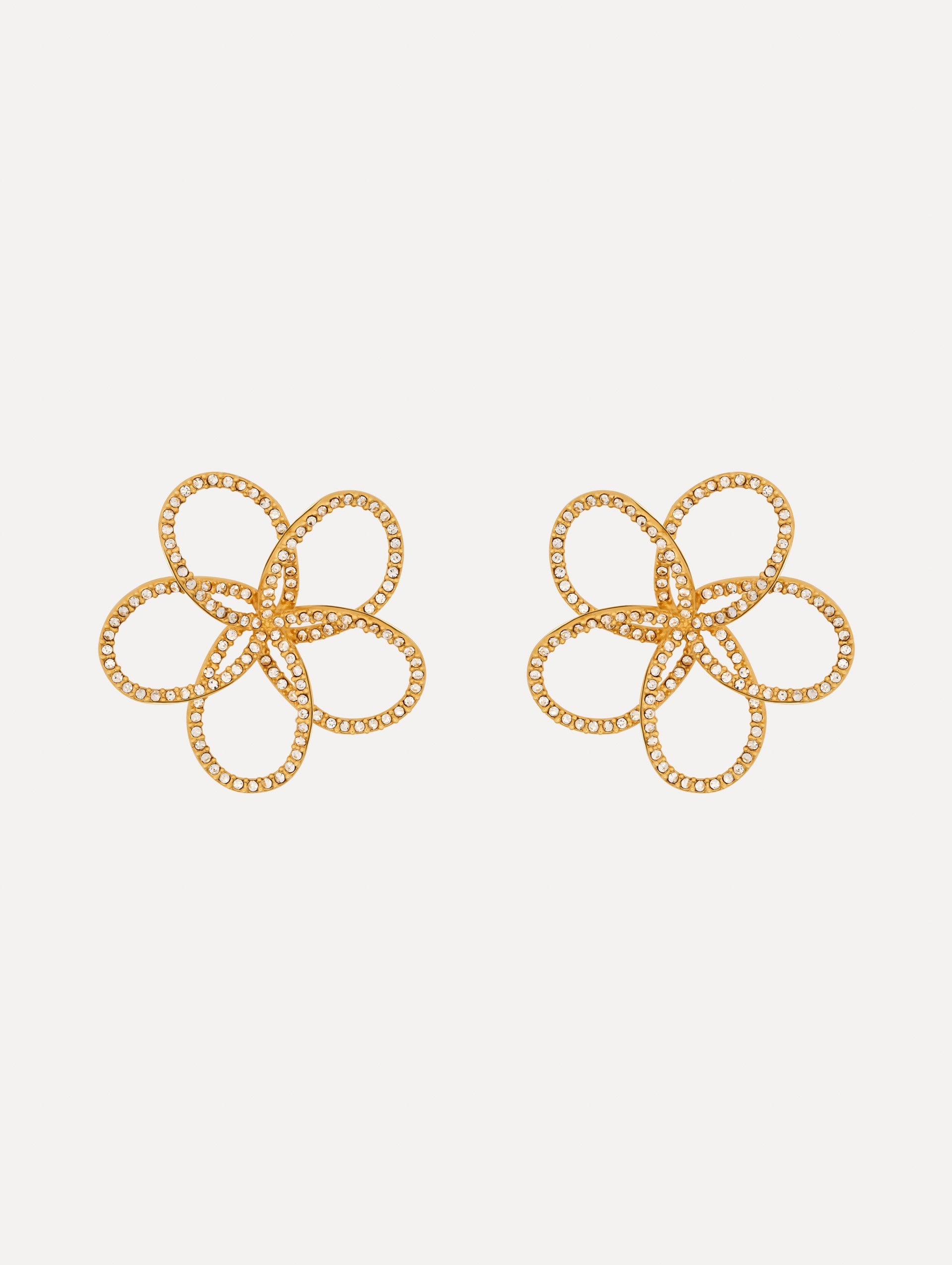 Gold Flower Rhinestone Chain-Link Earrings with gold rhinestone wire in a flower motif. Front View.