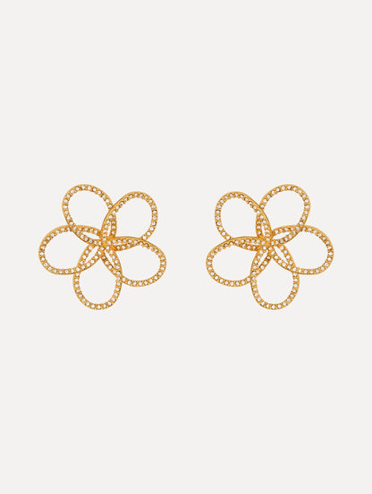 Gold Flower Rhinestone Chain-Link Earrings with gold rhinestone wire in a flower motif. Front View.