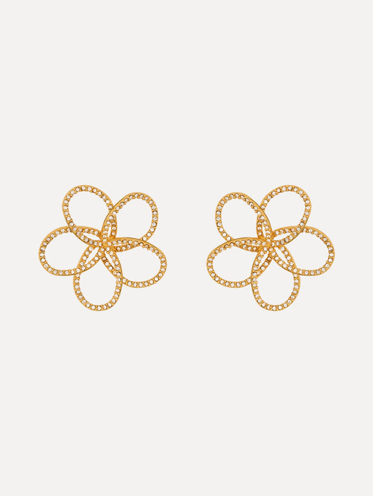 Gold Flower Rhinestone Chain-Link Earrings with gold rhinestone wire in a flower motif. Front View.
