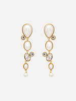 Pearls & Rhinestones Drop Clip-On Earrings with four pearls and three crystals cascading down. Front View.