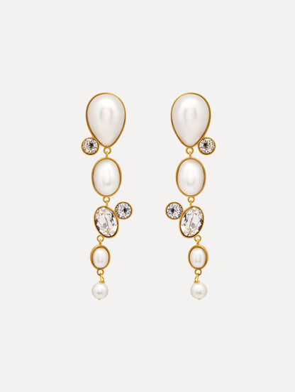 Pearls & Rhinestones Drop Clip-On Earrings with four pearls and three crystals cascading down. Front View.
