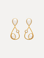 Pearl Cabochon Drop Clip-On Earrings with three pearls and a gold pear shaped drop. Front View.