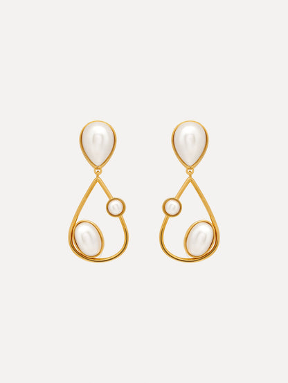 Pearl Cabochon Drop Clip-On Earrings with three pearls and a gold pear shaped drop. Front View.