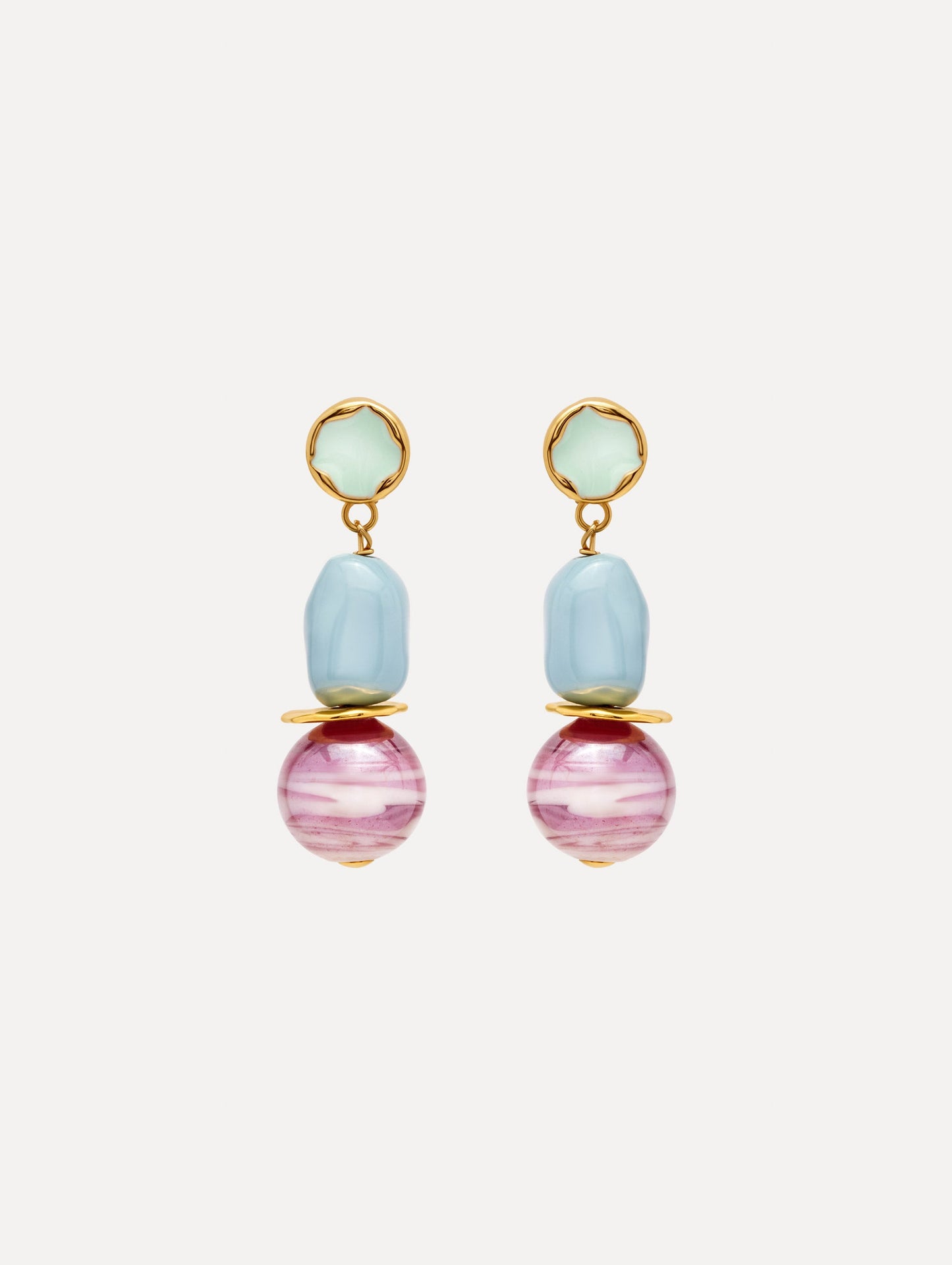 Sea Glass Drop Clip-On Earrings with stones in blue and pink stacked with polished golden accents.