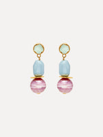Sea Glass Drop Clip-On Earrings with stones in blue and pink stacked with polished golden accents.