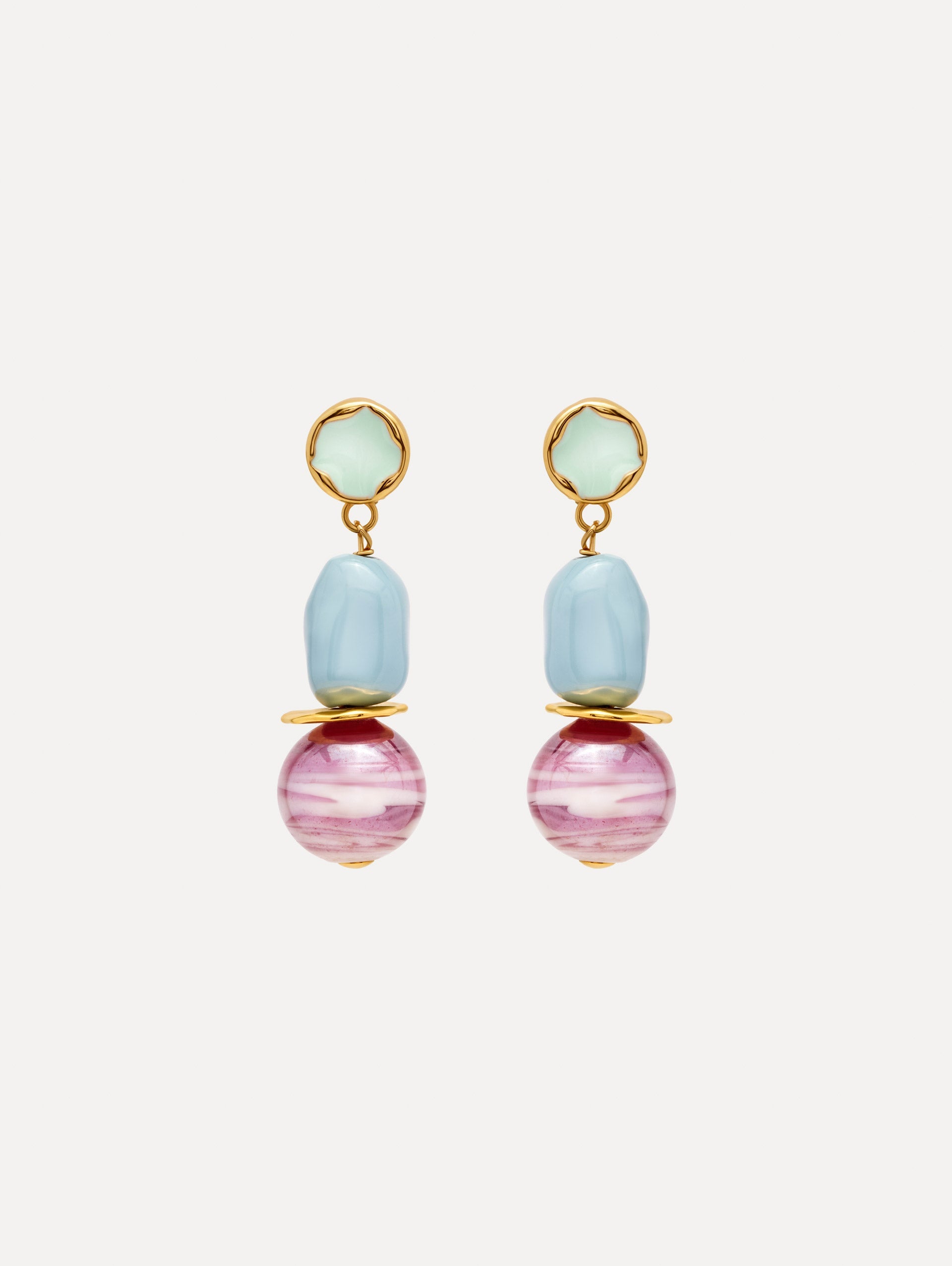 Sea Glass Drop Clip-On Earrings with stones in blue and pink stacked with polished golden accents.