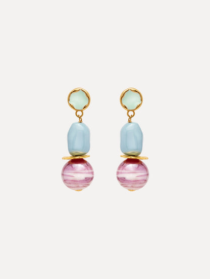 Sea Glass Drop Clip-On Earrings with stones in blue and pink stacked with polished golden accents.