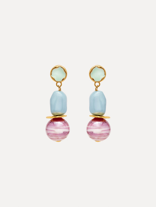 Sea Glass Drop Clip-On Earrings with stones in blue and pink stacked with polished golden accents.
