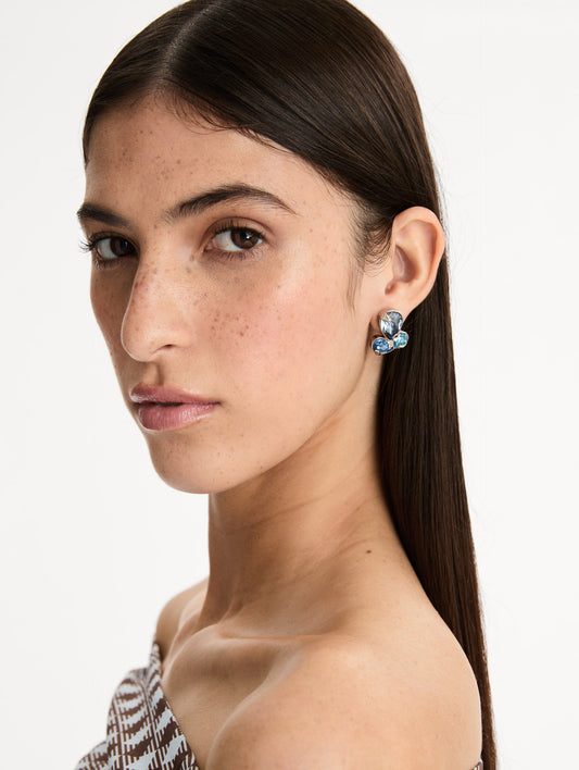 Blue Pear-Cut Cluster Earrings with three tier multicolored blue crystals. Front View.