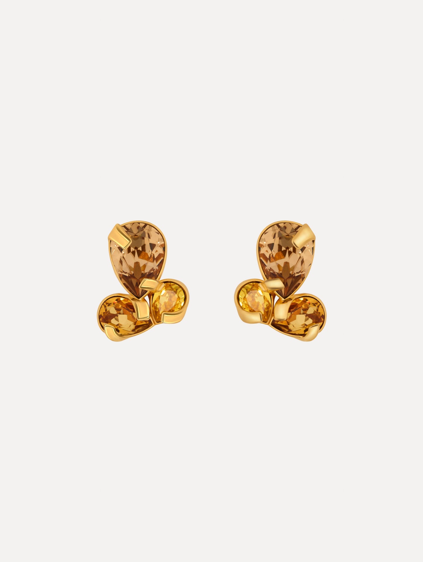 yellow Pear-Cut Cluster Earrings with three tier crystals and gold setting. Front View.