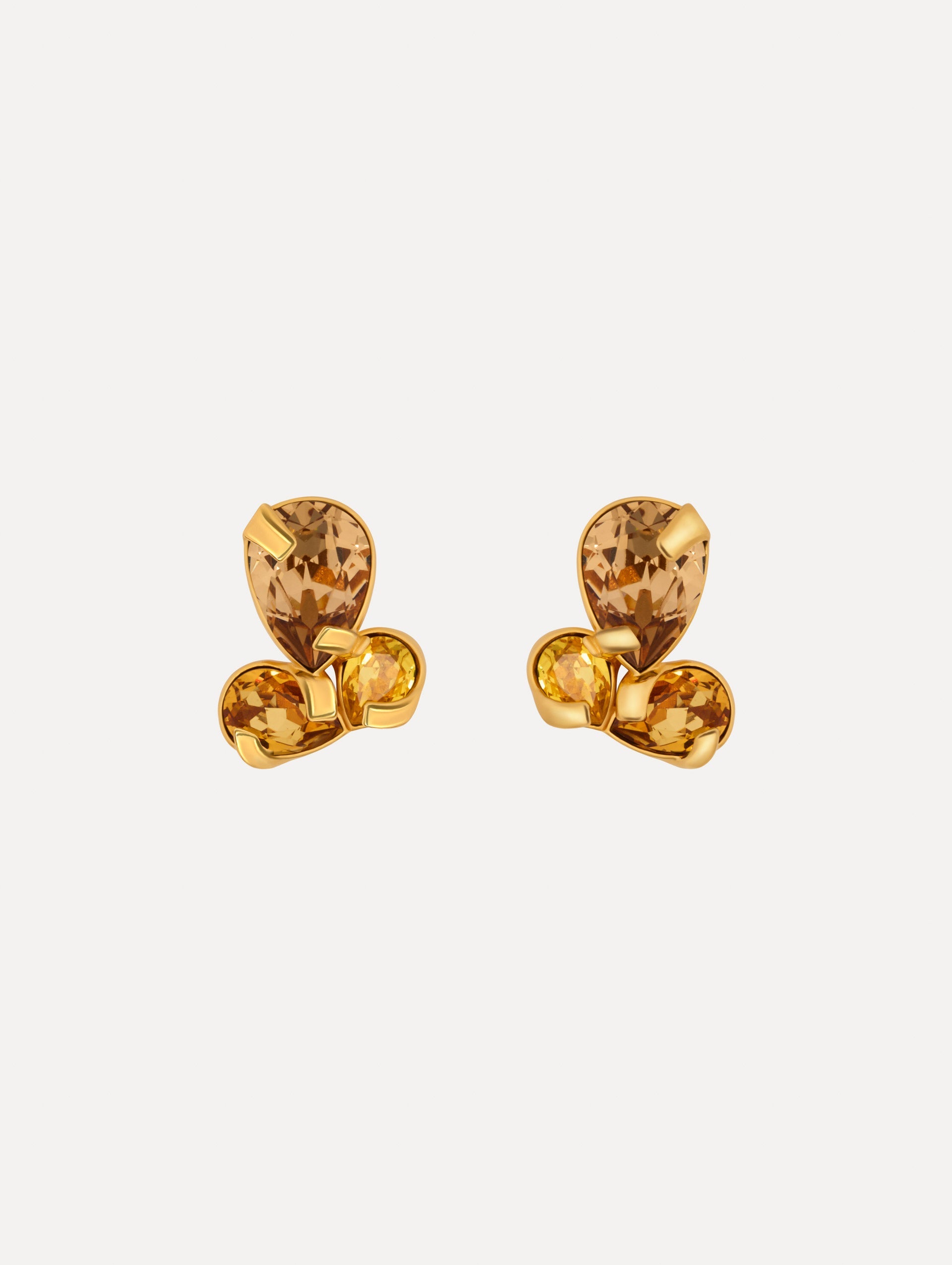 yellow Pear-Cut Cluster Earrings with three tier crystals and gold setting. Front View.