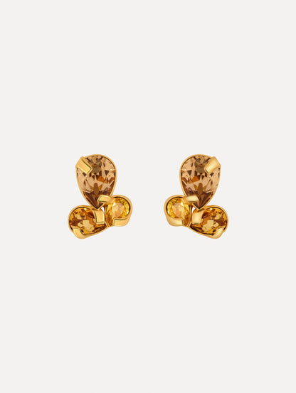 yellow Pear-Cut Cluster Earrings with three tier crystals and gold setting. Front View.