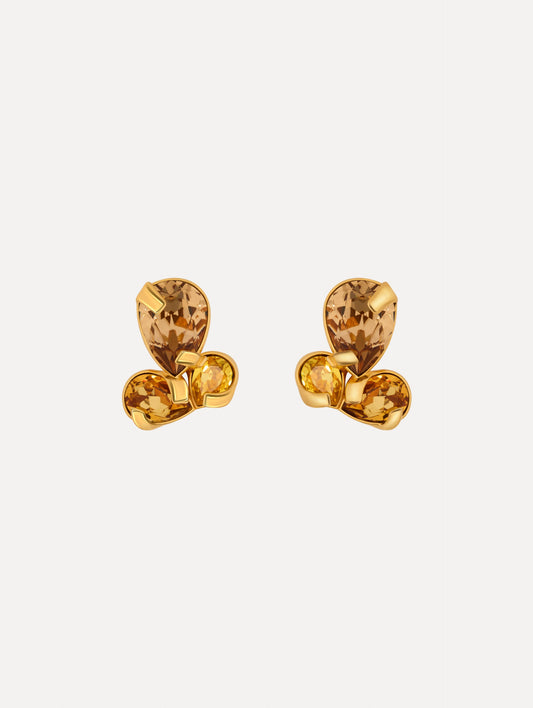 yellow Pear-Cut Cluster Earrings with three tier crystals and gold setting. Front View.