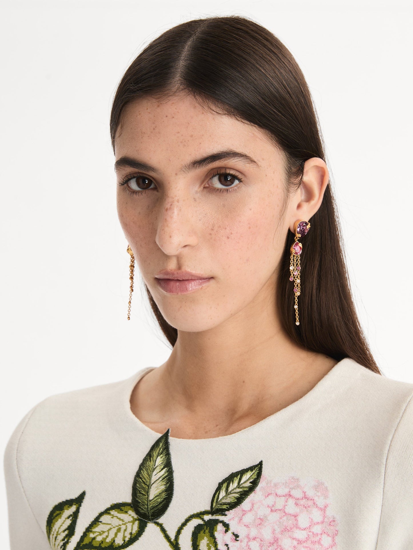 Pink and Purple Pear-Cut Chandelier Earrings with cascading gold chains. Front View.