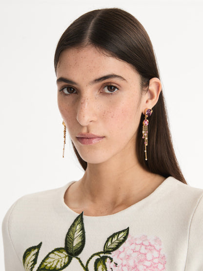 Pink and Purple Pear-Cut Chandelier Earrings with cascading gold chains. Front View.
