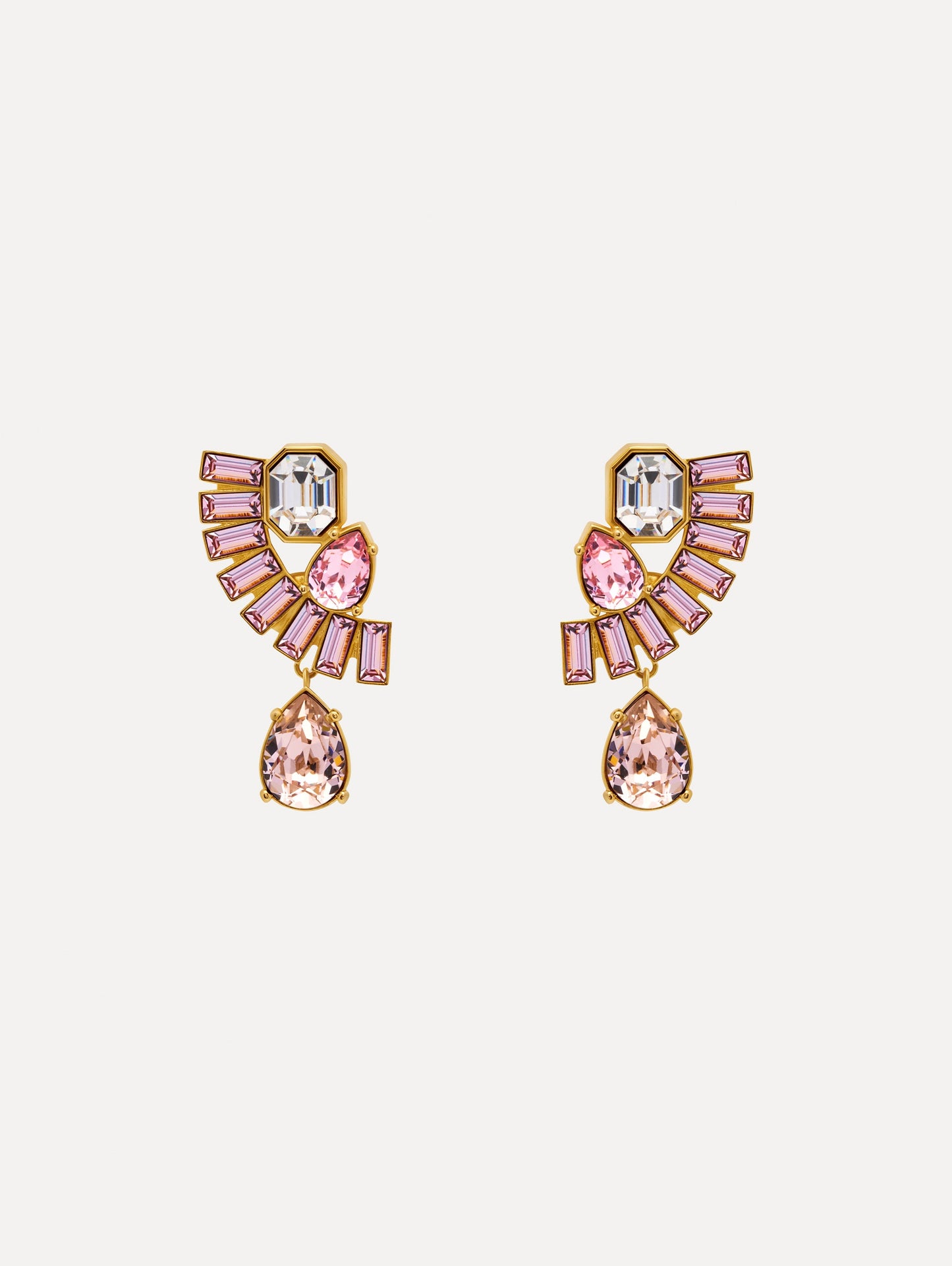 Pink and Clear Fan Rhinestone Clip-On Earrings with gold setting and a cascading teardrop crystal. Front View.