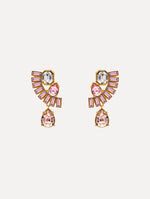 Pink and Clear Fan Rhinestone Clip-On Earrings with gold setting and a cascading teardrop crystal. Front View.