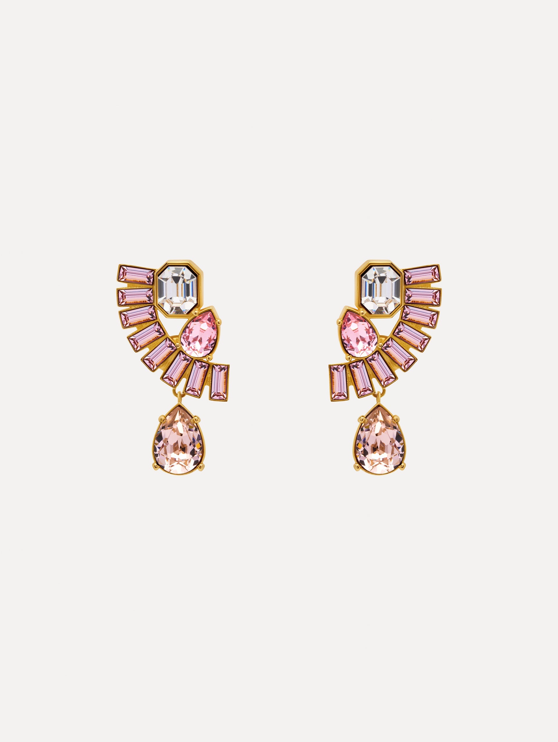 Pink and Clear Fan Rhinestone Clip-On Earrings with gold setting and a cascading teardrop crystal. Front View.