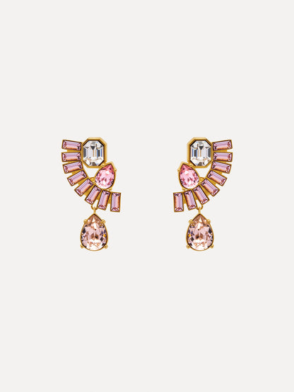 Pink and Clear Fan Rhinestone Clip-On Earrings with gold setting and a cascading teardrop crystal. Front View.