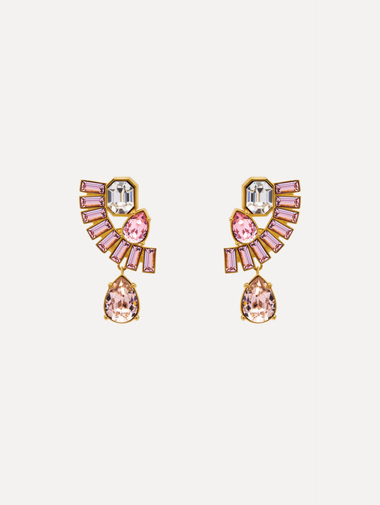 Pink and Clear Fan Rhinestone Clip-On Earrings with gold setting and a cascading teardrop crystal. Front View.