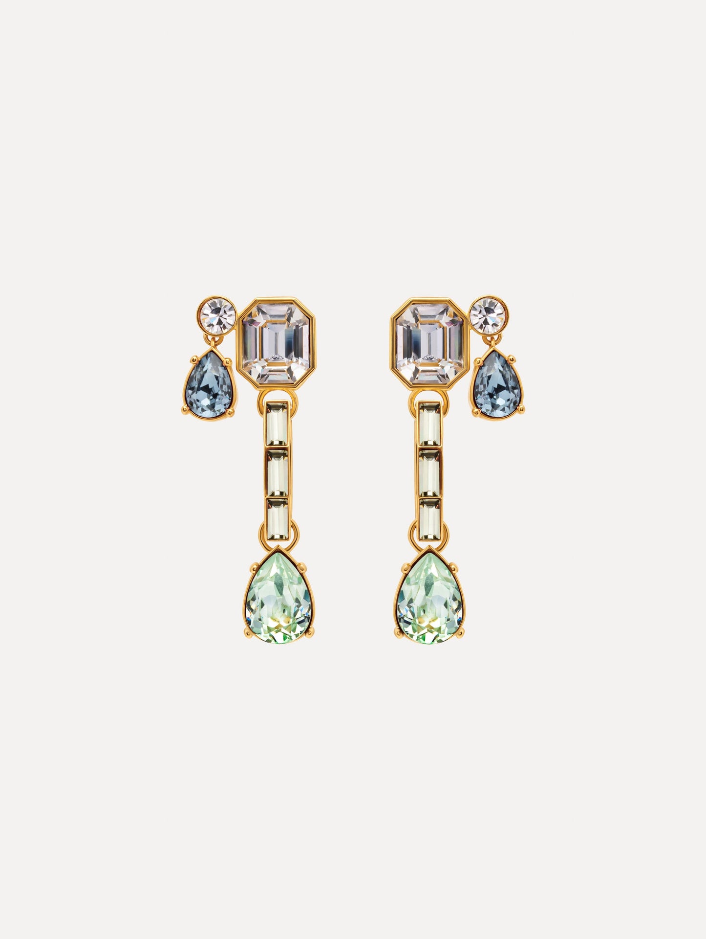 Blue and Green Mixed-Stone Linear Drop Earrings with square clear stone and cascading circular and teardrop stones. Front View.