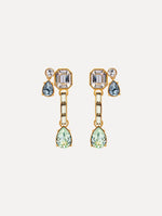 Blue and Green Mixed-Stone Linear Drop Earrings with square clear stone and cascading circular and teardrop stones. Front View.