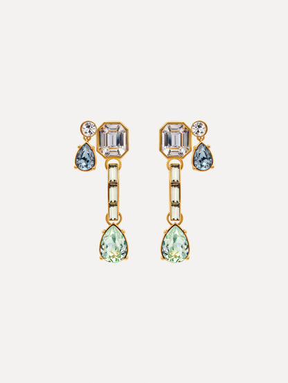 Blue and Green Mixed-Stone Linear Drop Earrings with square clear stone and cascading circular and teardrop stones. Front View.