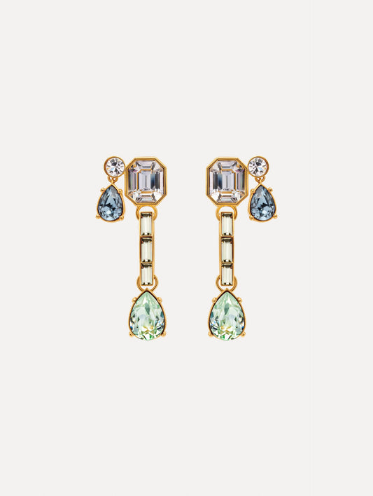 Blue and Green Mixed-Stone Linear Drop Earrings with square clear stone and cascading circular and teardrop stones. Front View.