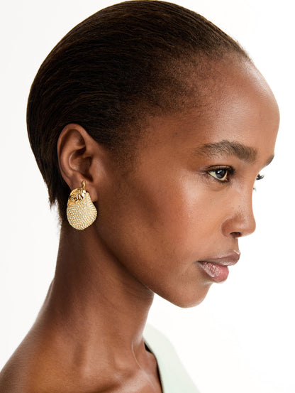 Gold Pavé Pear Earrings encrusted with clear crystals. Side View.