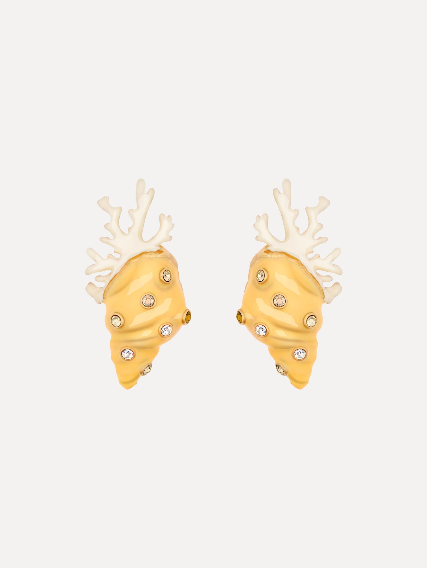 Enamel Seashell and Coral Earrings in the color Banana Yellow. Sculpted shell and coral forms. Adorned with rhinestones.