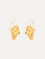 Enamel Seashell and Coral Earrings in the color Banana Yellow. Sculpted shell and coral forms. Adorned with rhinestones.