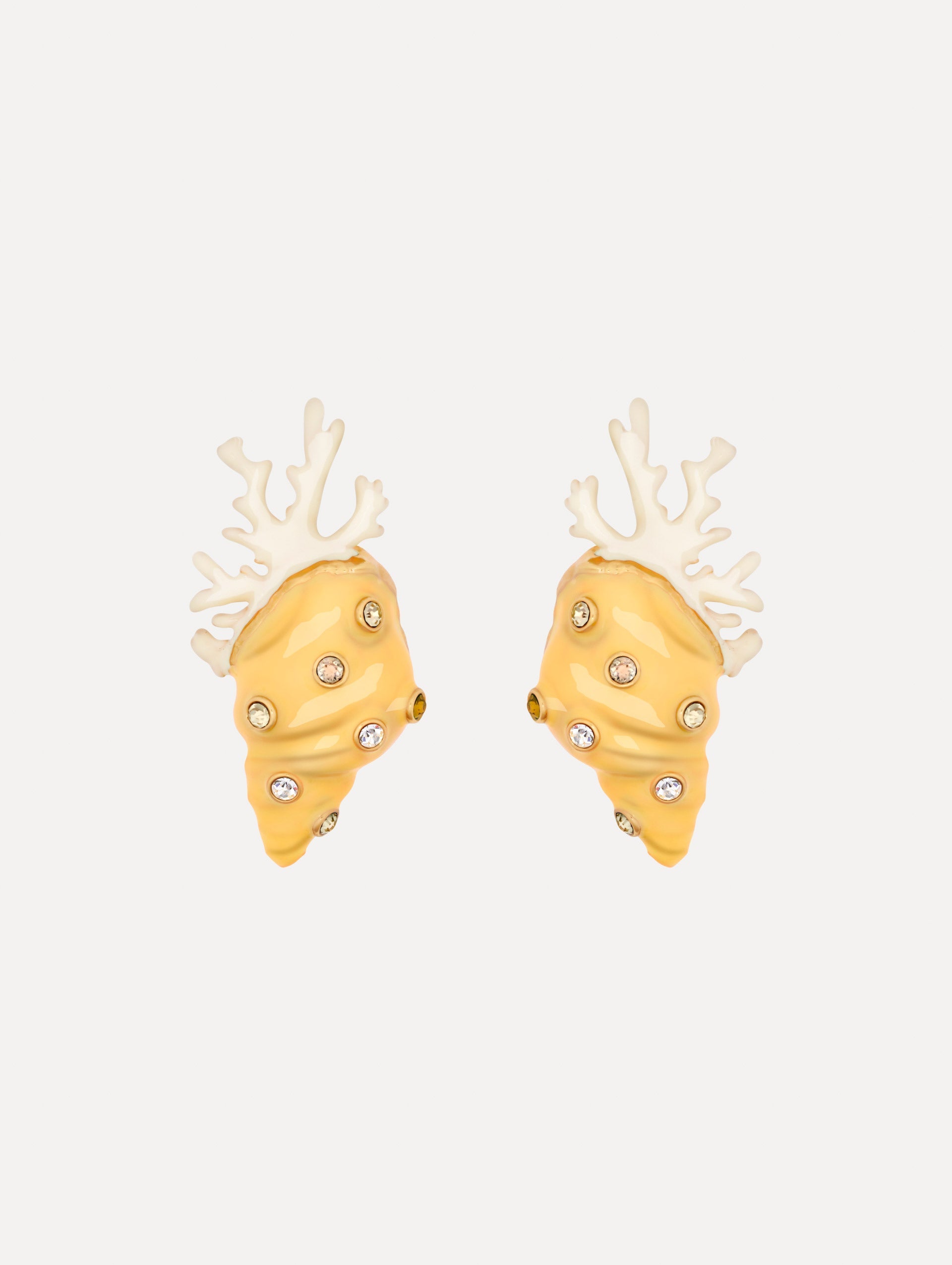 Enamel Seashell and Coral Earrings in the color Banana Yellow. Sculpted shell and coral forms. Adorned with rhinestones.