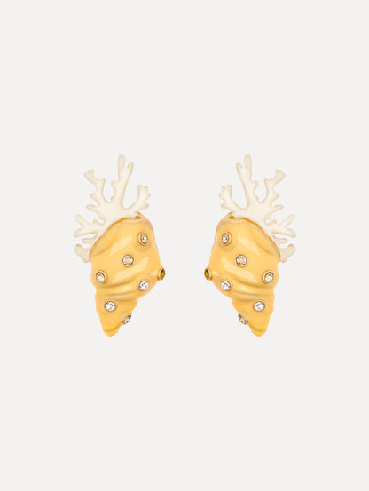 Enamel Seashell and Coral Earrings in the color Banana Yellow. Sculpted shell and coral forms. Adorned with rhinestones.